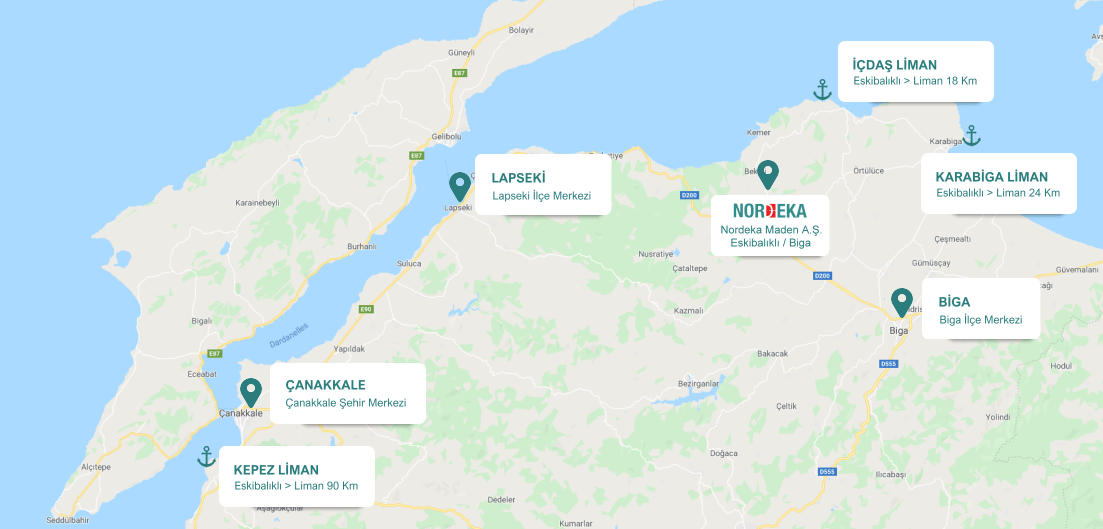 Nordeka Maden tesisinin Çanakkale, Biga, Lapseki ile İçdaş, Karabiga ve Kepez limanlarına mesafelerini gösteren harita