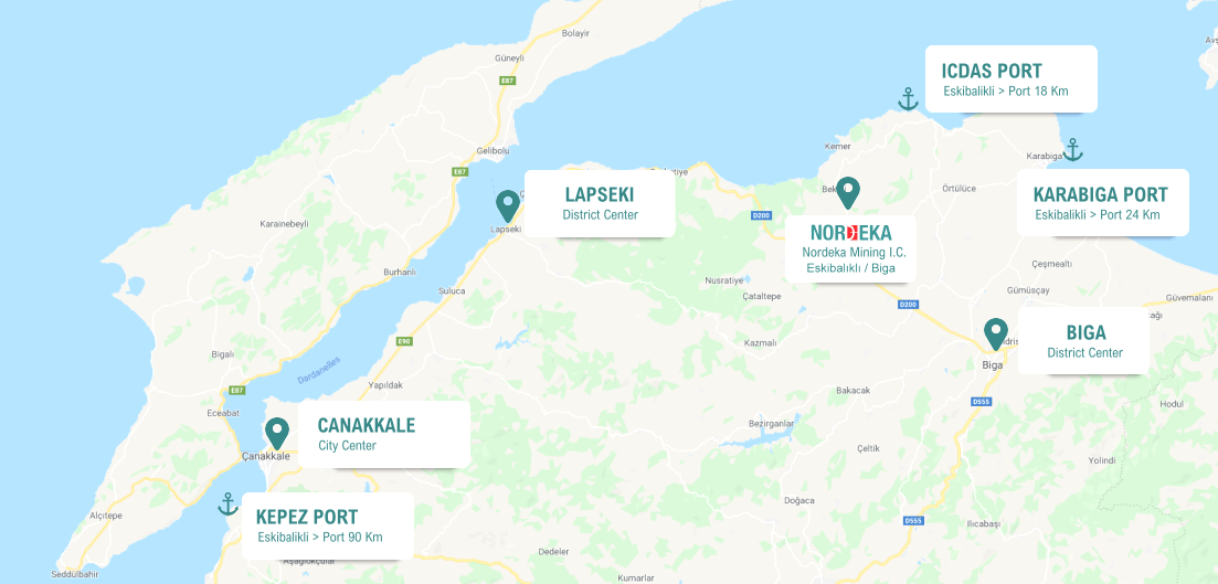 Map showing distances from the Nordeka Mining plant to Çanakkale, Biga, Lapseki and the İçdaş, Karabiga and Kepez ports