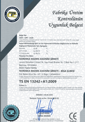 Fabrika Üretim Kontrolünün Uygunluk Belgesi - TSEN13242+A1-2009